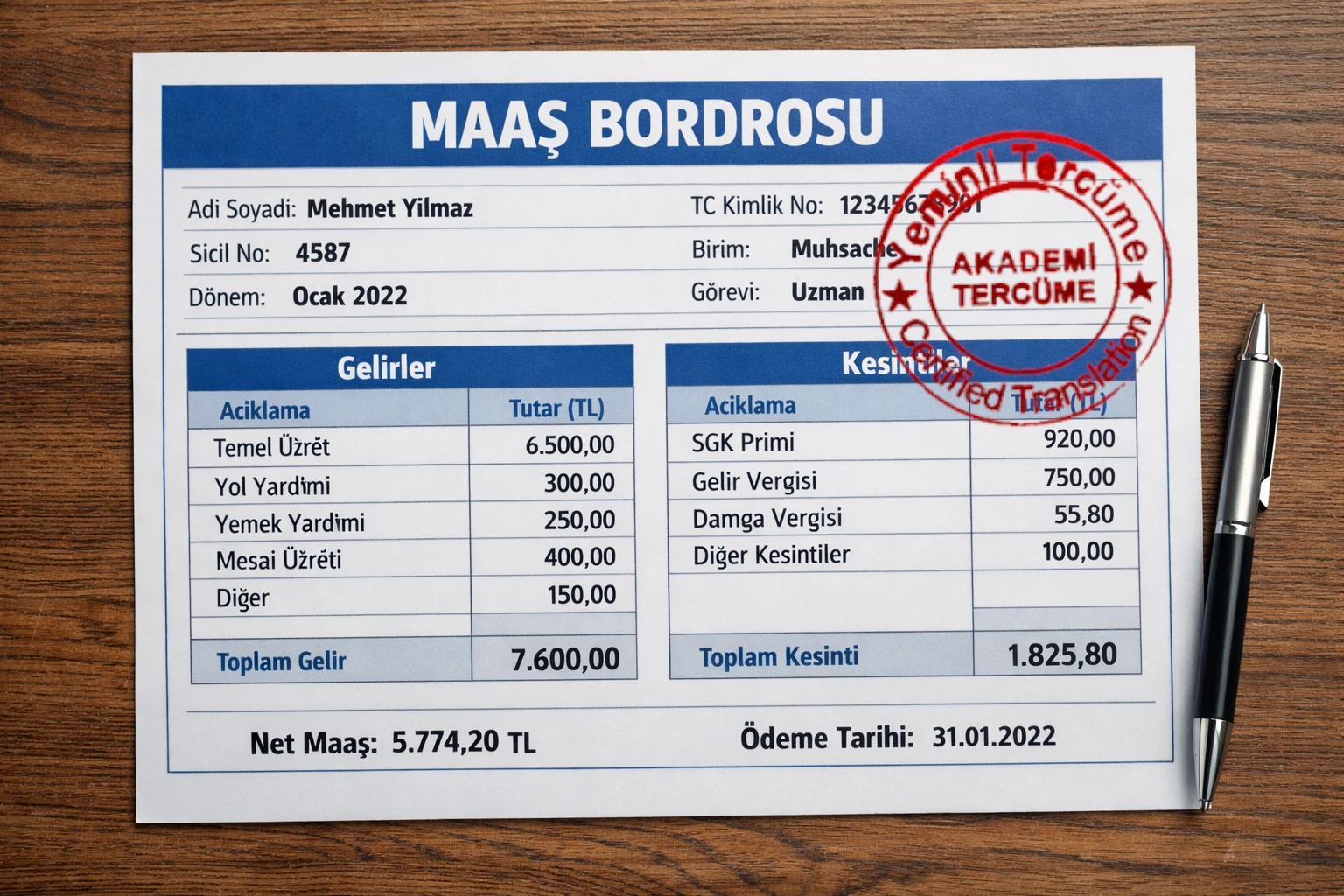 Maaş bordrosu tercümesi - vize evrakları için