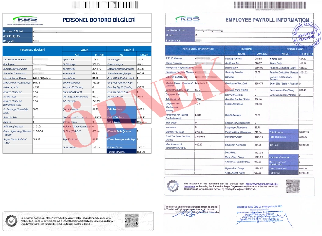 Son 3 aylık maaş bordrosu tercümesi - teslim ve kontrol