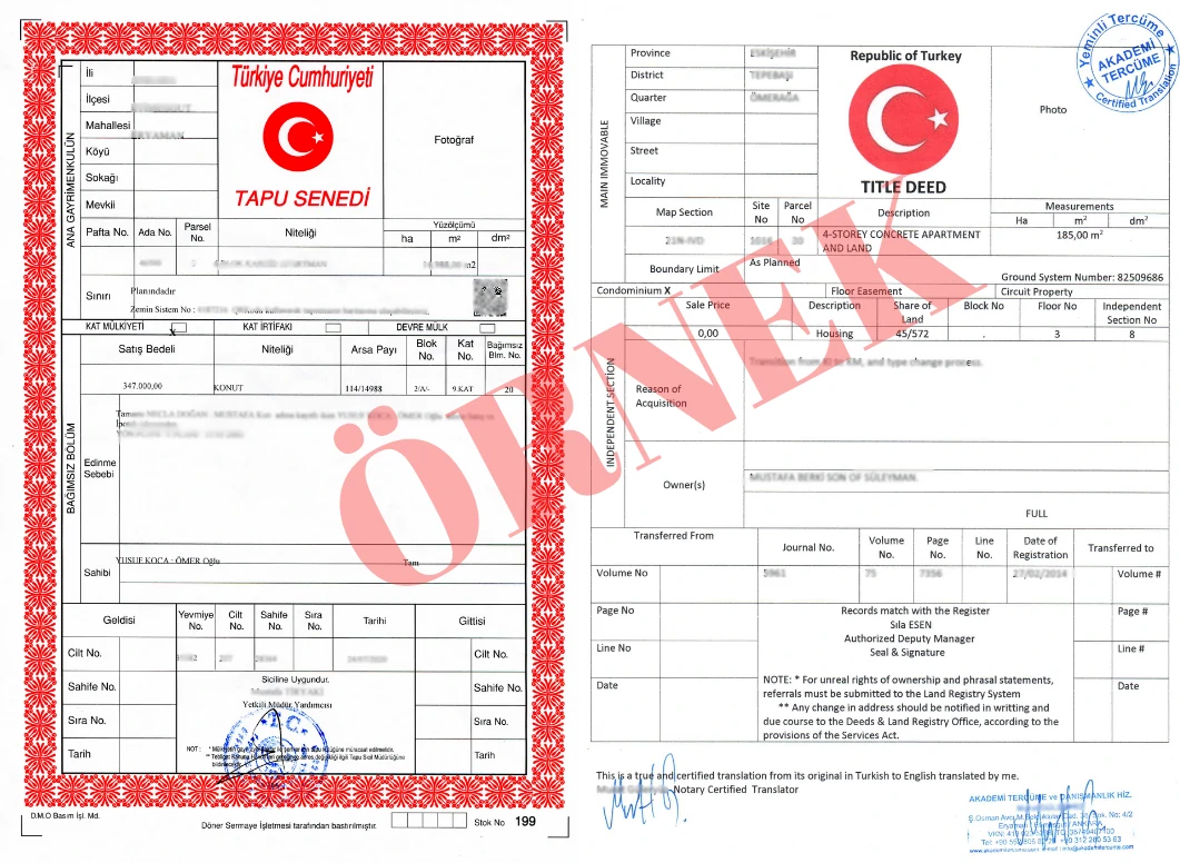 Tapu çevirisi ve tapu senedi tercümesi