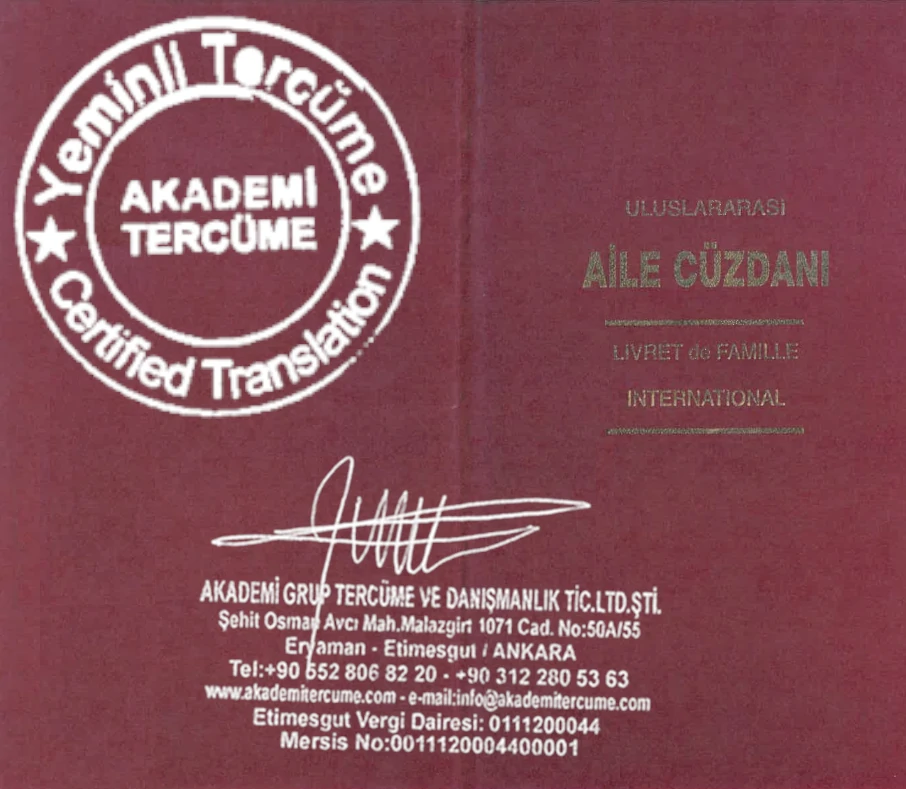 noter onaylı yeminli tercüman imzalı evlilik cüzdanı tercümesi