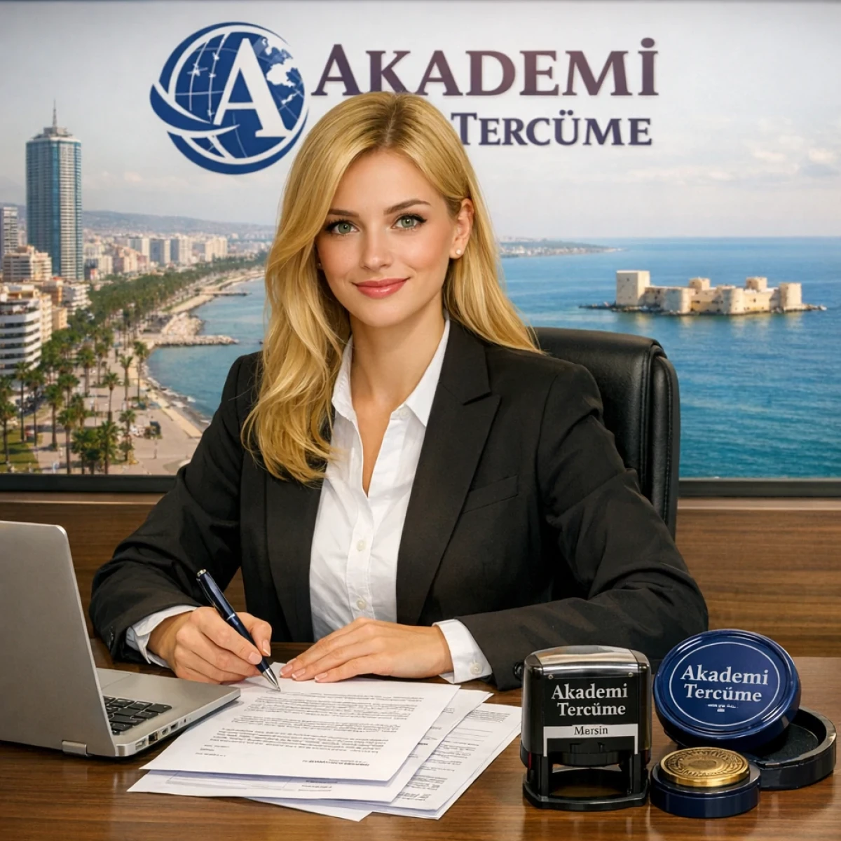 Mersin tercüme bürosu ofisinde çalışan yeminli tercüman ve noter onaylı evraklar.