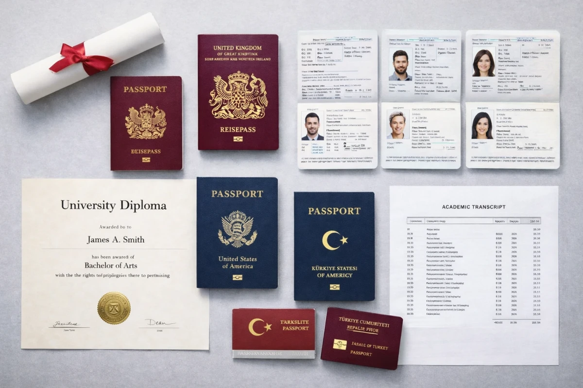 Pasaport tercüme ücreti, diploma ve transkript çeviri fiyatları için farklı dillerdeki resmi evrak örnekleri.