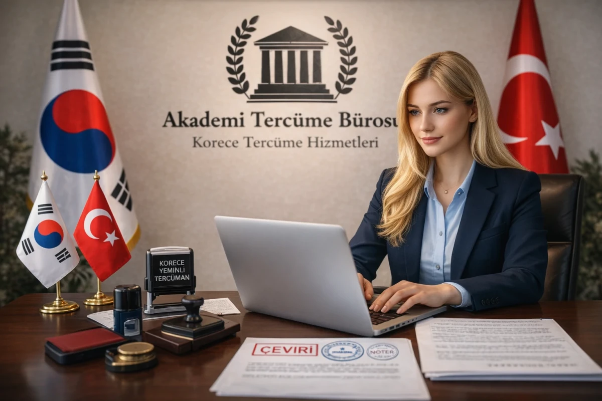Akademi Tercüme ofisinde profesyonel Korece Türkçe çeviri yapan yeminli tercüman ve bayraklar.